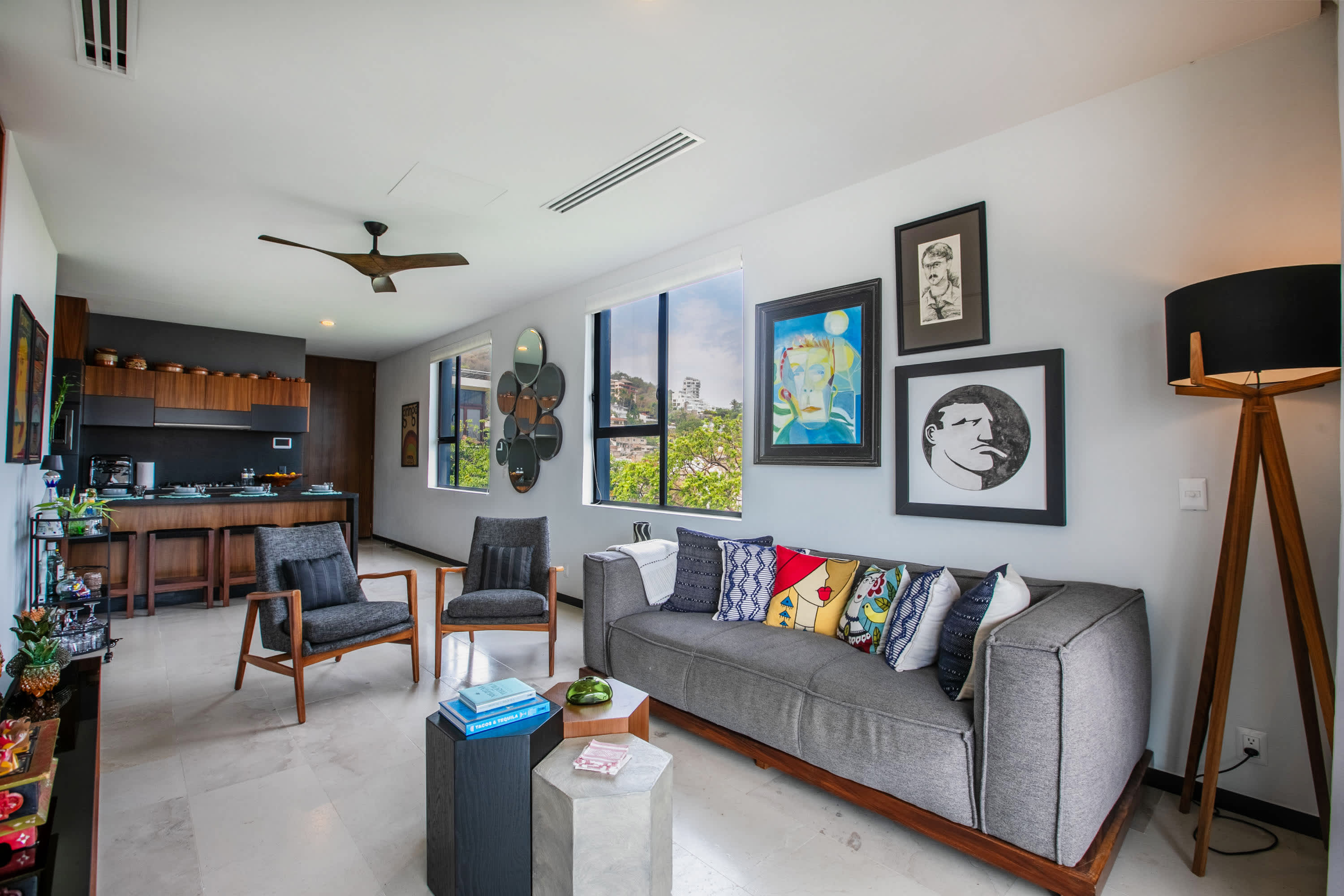 Living room with sofa and kitchen view